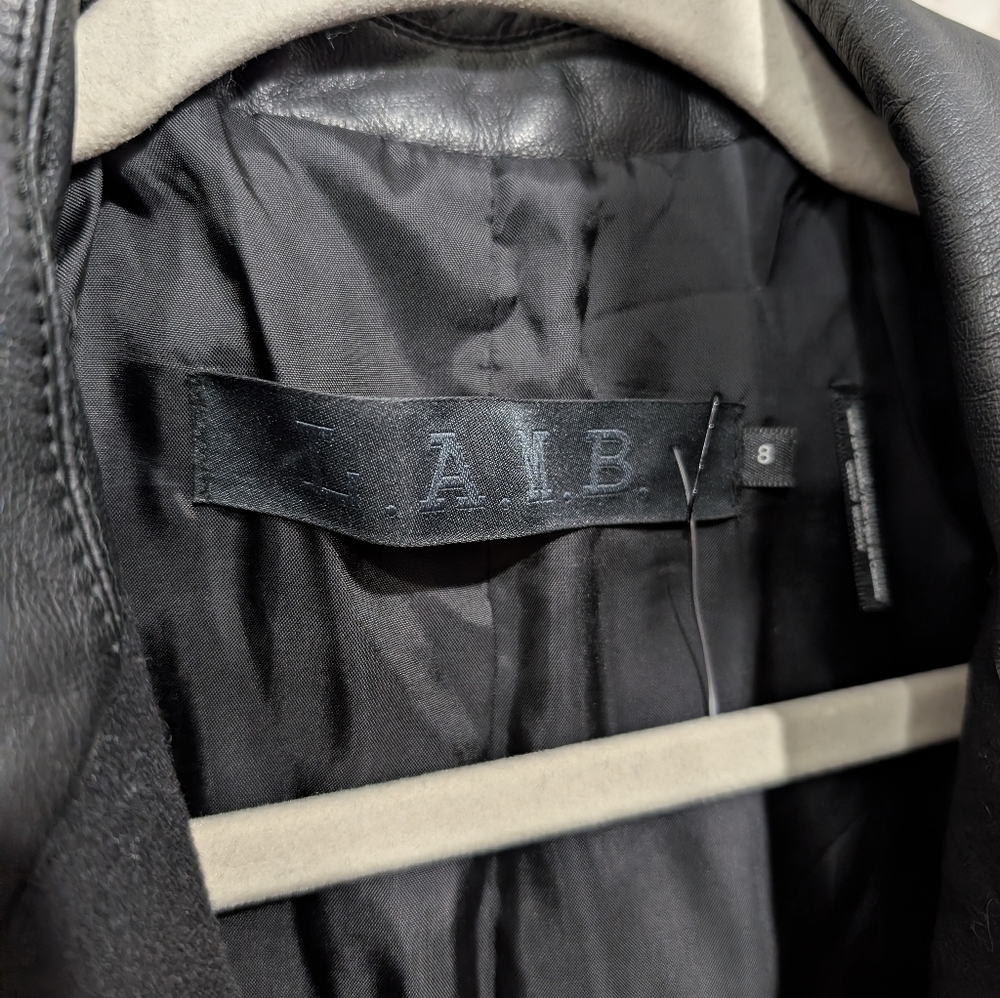 L.A.M.B. by Gwen Stefani long black & white wool blend, Leather Sleeves Size 8 - Picture 2 of 8